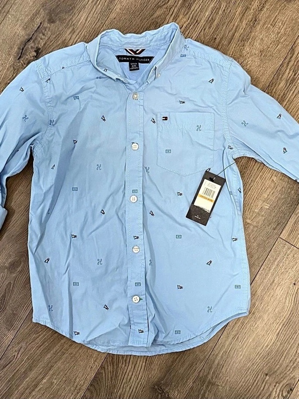 Tommy Hilfiger Boys Long Sleeve Embroidered Flag Button-Down Shirt Blue Small